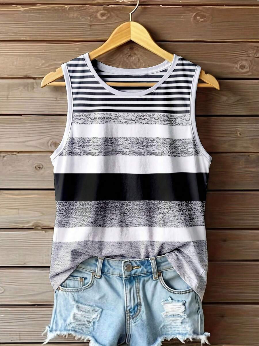 SHEIN LUNE Casual Minimalist Striped Pattern Women Tank Top, Suitable For Autumn/Winter Spring Beach - Multicolor - View 1