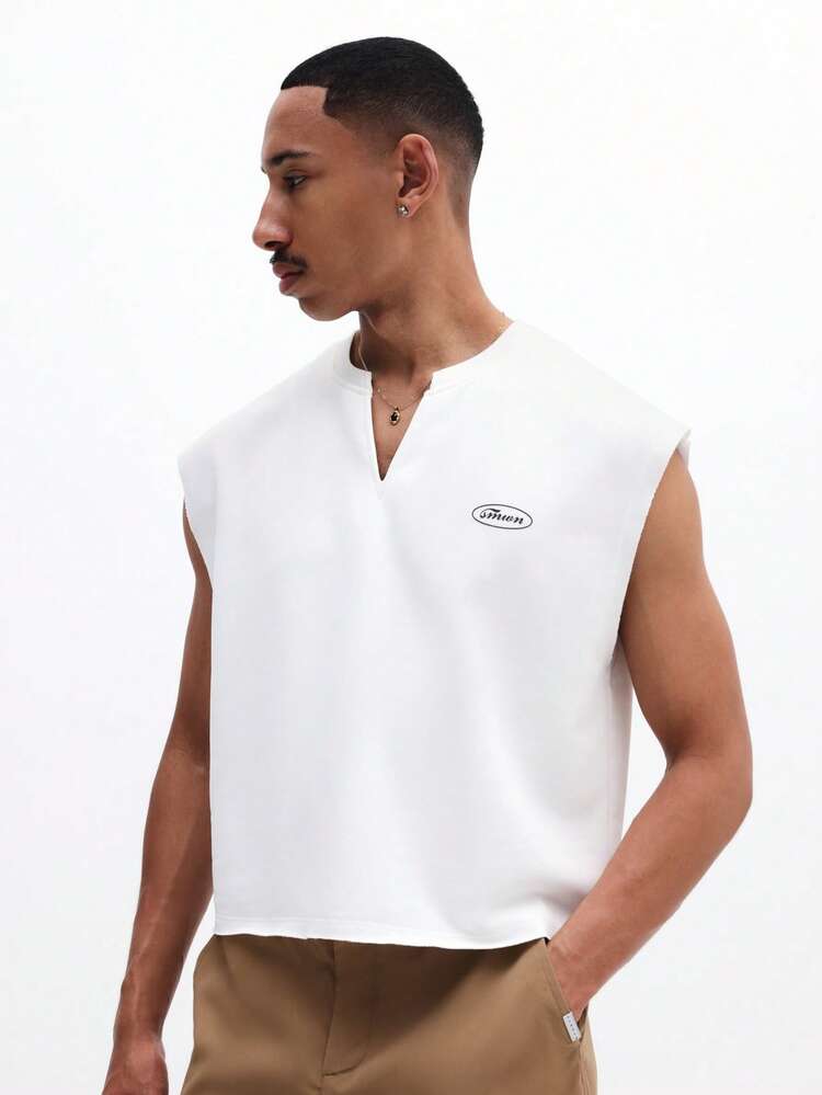Canotta da uomo con scollo a V senza maniche, con piccolo logo ovale, vestibilità regular, casual estiva, maglietta bianca da muscoli