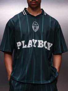 PLAYBOY X SUMWON Men's Green F.C. Football Jersey Style Short Sleeve Polo Shirt With Vertical Stripes And Large Bunny Logo - Green - View 5