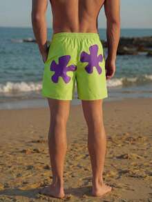 Manfinity EZcore Plus Size Men's Floral Print Draw-String Waist Beach Shorts Graphic Pool Shorts For Vacation,Hawaiian - Green - View 3