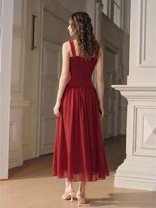 Anewsta Women's Elegant Vacation Dress, Sleeveless Pleated Frill Trim Waist Fit And Flare Red Dress French Style Dress Red Ruffle Dress - Red - View 3