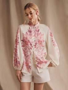 Anewsta 新款夏季度假休闲浪漫粉色花卉印花立领插肩袖优雅女士衬衫 - 杏色 - 查看 5