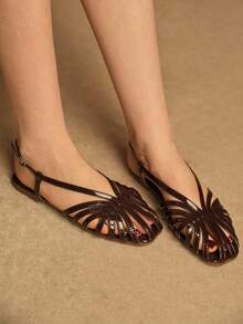 Rosivie Sandal nữ đế bằng mũi vuông màu vàng ánh kim bằng chất liệu PU, kiểu dáng thường ngày, thời trang và thoải mái, phù hợp cho cả đi biển và đi chơi. - Nâu đậm - Xem 2