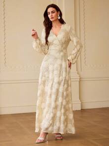 ZEYLAH Women's New Arrival Heavy Beaded Embroidered Fabric Luxury Professional Elegant Long Dress - Apricot - View 4