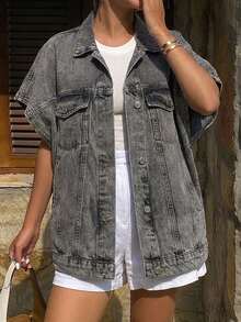 EURMUSE Loose Casual Half Sleeve Denim Jacket - Grey - View 1
