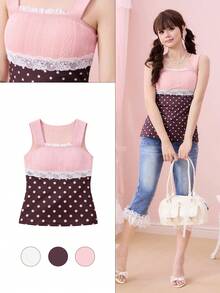 ROMWE Camiseta de mujer de estilo dulce con encaje de contraste rosa en estilo Kawaii - Multicolor - Ver 1