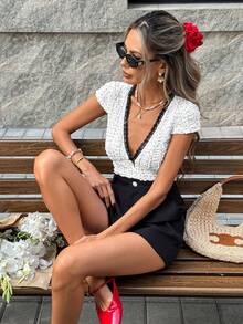 SHEIN PariChic Women's V-Neck Lace Patchwork Polka Dot Ruffle Trim Fitted T-Shirt Vacation - White - View 5
