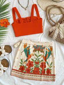 Travachic 女士纯色露脐吊带背心和印花侧系带半身裙度假套装 - 彩色 - 查看 2