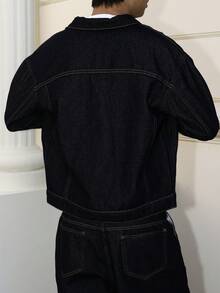 Manfinity Hypemode Men's Dark Washed Blue Denim Long Sleeve Jacket, Casual Loose Fit Spring/Autumn - Dark Wash - View 2