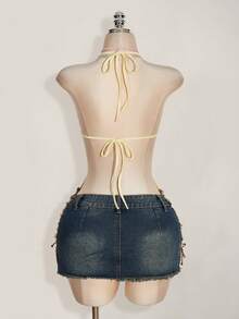 SHEIN ICON 2026新款女士度假休闲蕾丝亮片装饰露背吊带上衣，夏季可爱女士上衣，夏季束身胸衣，带肩带束身衣，女士上衣 - 淡黃色 - 查看 2