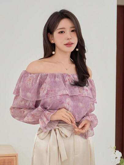 DAZY Women's Elegant Floral Off-Shoulder Ruffle Hem Blouse, Spring/Summer