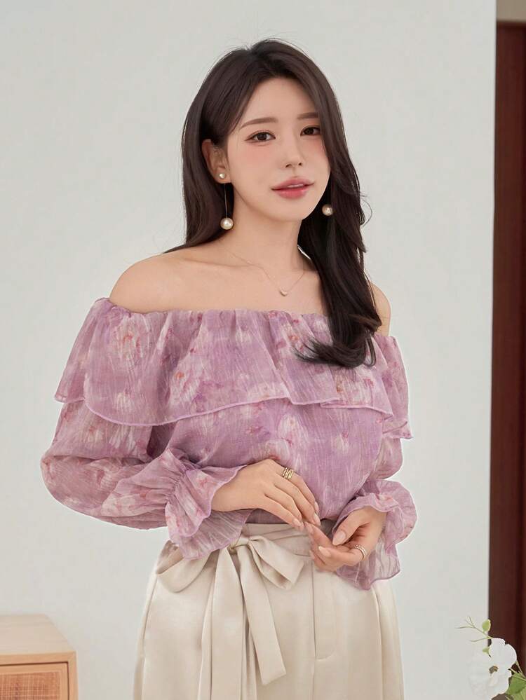 Women's Elegant Floral Off-Shoulder Ruffle Hem Blouse, Spring/Summer Boho