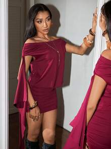 EgrlEra Women's Fashionable Off-Shoulder Wine Red Dress - Burgundy - View 1