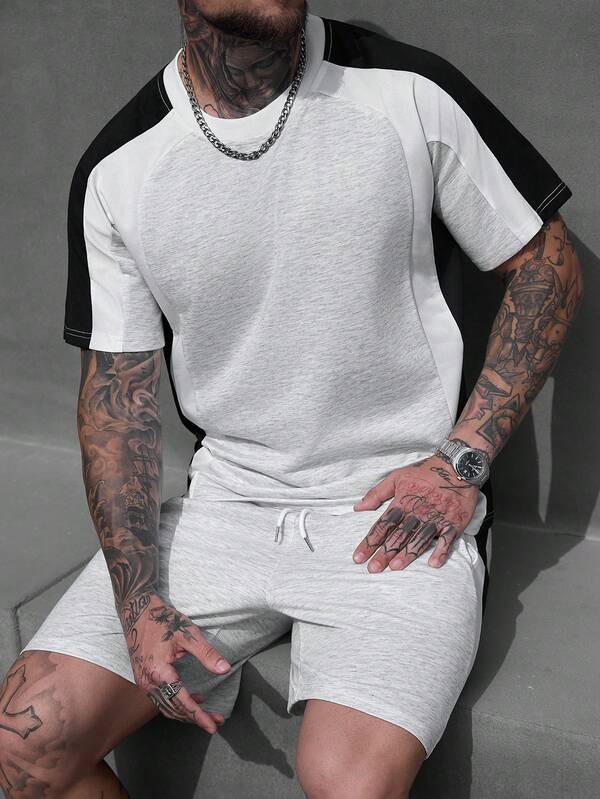 SLATEMANN Men's Casual Black, White And Gray Contrast Color T-Shirt And Shorts Set Men's Grey And White Set Men Summer Sweatsuit 2 Pieces Set Long Shorts T Shirt Men Men's Street Wear Sets Men Two Pieces Casual Short Sets