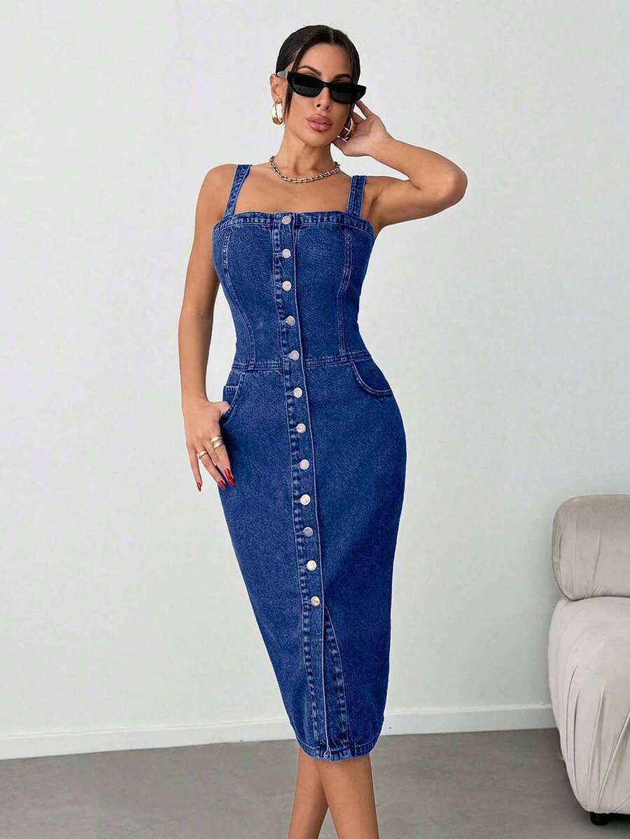 EURMUSE Slant Pocket Button Front Overall Denim Midi Dress - Dark Wash - View 1