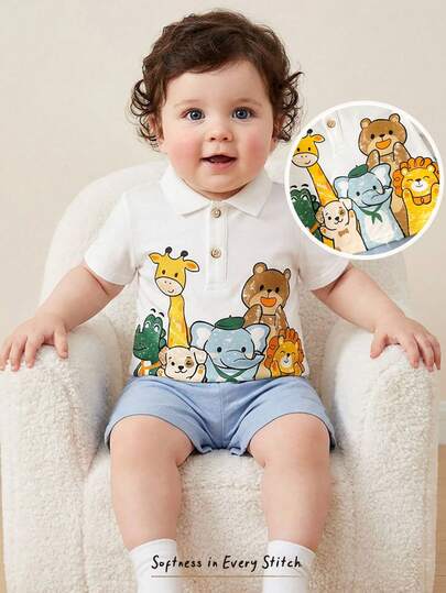 Cozy Pixies 2pcs Baby Boy Cartoon Dinosaur Pattern Knit Soft Collar Short Sleeve Henley Top And Elastic Waist Shorts Set