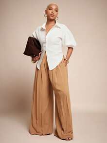 Vixey 纯色系带后领纽扣长袖上衣 - 白色 - 查看 3