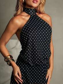 Women's Elegant Polka Dot Print Backless Mini Cami Dress Party - Black - View 6
