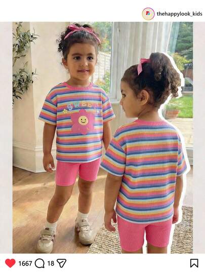 THE HAPPY LOOK Young Girl Floral Print Knit Soft Round Neck Short Sleeve Top And Elastic Waist Pants 2-Piece Set Summer Lounge Set Tweens Kids Clothing Sun Protection Kids Summer Sets For Girls Girls Striped Short Set Toddler Active Wear