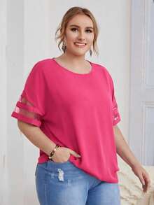 EMERY ROSE Plus Size Women Solid Color Round Neck Mesh Patchwork Short Sleeve Blouse - Hot Pink - View 1