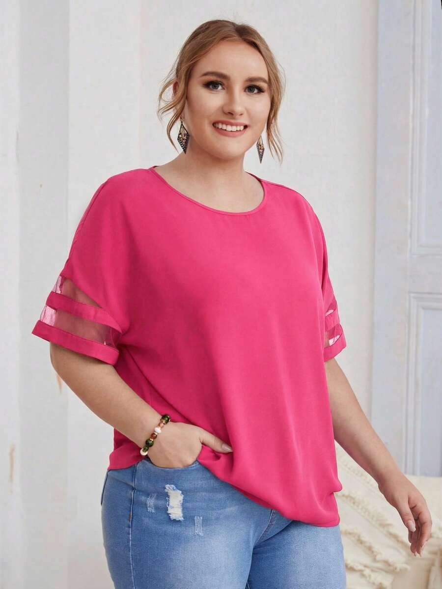 EMERY ROSE Plus Size Women Solid Color Round Neck Mesh Patchwork Short Sleeve Blouse - Hot Pink - View 1