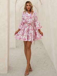 Sandy Gomes 女士时尚休闲优雅浪漫度假印花纽扣连衣裙 - 粉色 - 查看 1