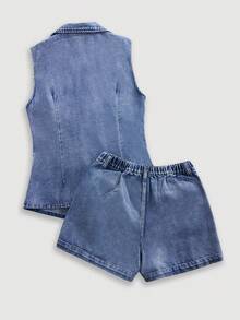 GlowEve 女士休闲牛仔套装，翻领无袖上衣搭配带口袋短裤 - 藍色 - 查看 2