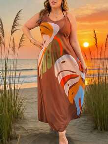 Swim Lushoire Đầm hai dây xuyên thấu gợi cảm dành cho nữ cỡ lớn, thích hợp cho kỳ nghỉ biển, với họa tiết lá cọ trừu tượng nhiệt đới. - màu nâu - Xem 6