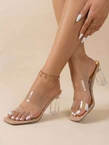 2025 Spring/Summer Fashionable Elegant Luxury Sexy Minimalist Party Formal Business Casual Open Toe High Heel Sandals, 9cm Thick Crystal Heel, Transparent TPU Laces, Breathable Silver Women's High Heels - Clear - View 2