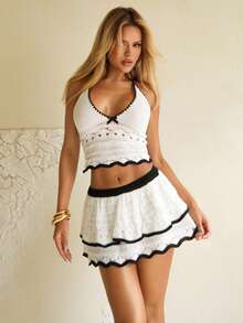 Sandy Gomes 女士假日休闲撞色露背吊带上衣和迷你裙两件套海滩度假装春夏女士西部音乐节波西米亚风 - 白色 - 查看 5