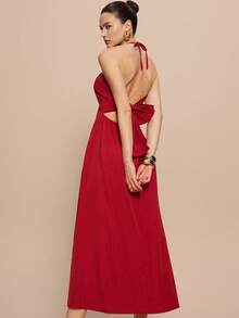 Olia Maree Olia Maree 女士纯色露背系带褶皱优雅约会派对连衣裙 - 紅色 - 查看 5