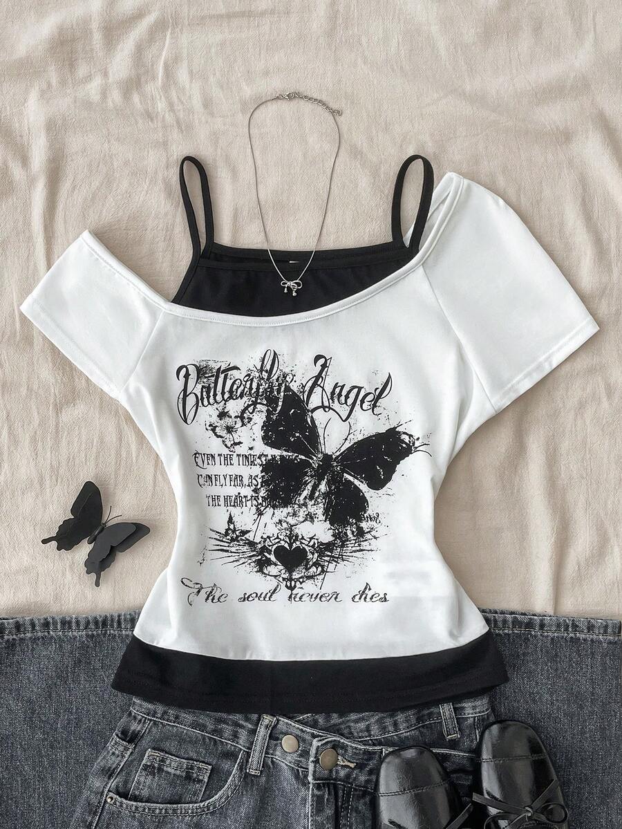 Teen Girls Casual Retro Print 2 In 1 Short Sleeve T-Shirt - Black and White - View 1