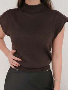 Duda Rubert 优雅高领宽松休闲百搭无袖针织毛衣背心，秋冬棕色毛衣 - 咖啡棕 - 查看 3