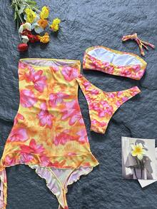 Bonvoyette 3pcs/Set Summer Holiday Beach Random Print & Mesh Print Bandeau Bikini Top, High Cut Bottoms And Bandeau Dress Sexy Women Swimwear Set - Multicolor - View 7