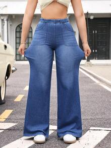 Flexra Damjeans med fickor och knappar, casual och mångsidiga vardagskläder, vida ben - Blå - Visa 3