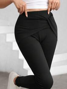 Modelyn Black Elastic Fitted Asymmetrical Hem Leggings With Waist Drawstring, Layered Design Slim Fit Pants For Women - Black - View 1