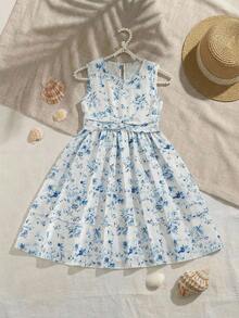 Elladie kids Girls' Elegant Ditsy Floral Sleeveless Waist Cinched Asymmetrical Hem Dress, Suitable For Casual, Vacation, Holiday, Party, Birthday And Other Occasions, Summer Kids Jacquard Dresses Blue Dresses 7 8y Kids Casual Aline Sleeveless Dresses Kids Frocks Blue Floral Dress Girls Girls Jacquard Dresses - Blue - View 3
