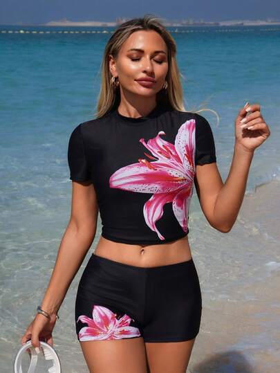 Swim SPRTY 2pcs/Set Women's Summer Beach Solid Color Positioning Printed Tankini Top Short Sleeve Slimming Crop Top And Swim Shorts Swimwear Set