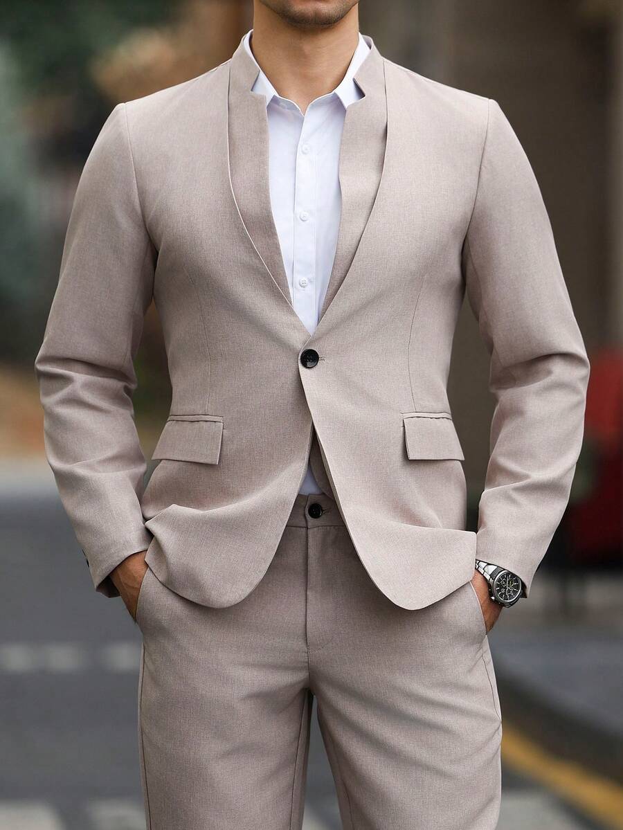 Manfinity Mode Set de costum casual pentru bărbați, cu mânecă lungă și un singur nasture, culoare solidă, jachetă și pantaloni - Moca Brown - Vizualizare 1