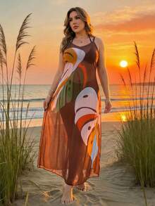 Swim Lushoire Đầm hai dây xuyên thấu gợi cảm dành cho nữ cỡ lớn, thích hợp cho kỳ nghỉ biển, với họa tiết lá cọ trừu tượng nhiệt đới. - màu nâu - Xem 4