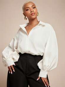 Vixey Pointed Collar Drop Shoulder Balloon Sleeve Button Up Shirt - White - View 1