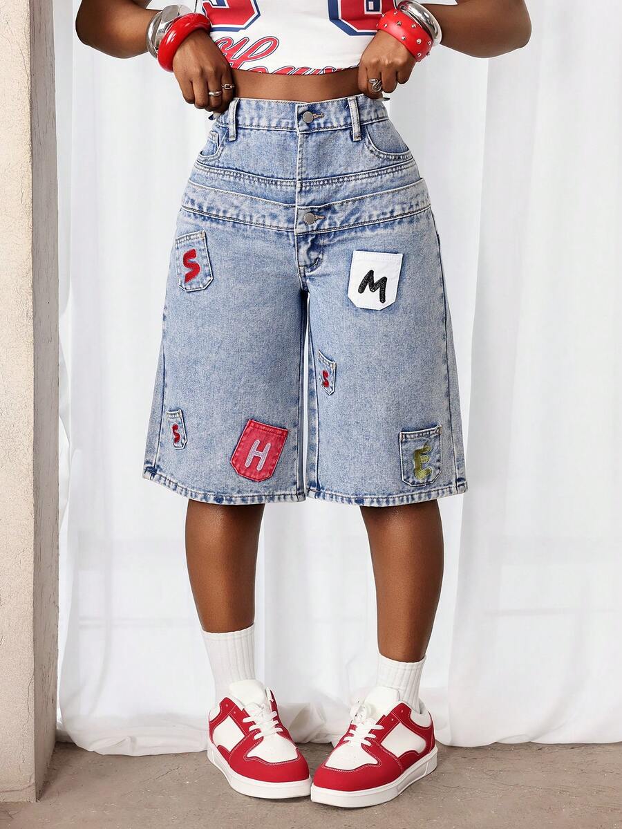 Slaydiva Quần short denim nữ dáng casual cạp cao, thêu chữ, đã qua xử lý giặt. - Rửa nhẹ - Xem 1