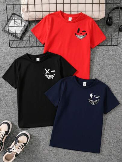 Paquete de 3 Camisetas para niños de 4 a 12 años de 100% algodón con manga corta y cuello redondo, prenda de excelente calidad, cómoda y suave al tacto, con diseño estampado de caras estilo grafiti
