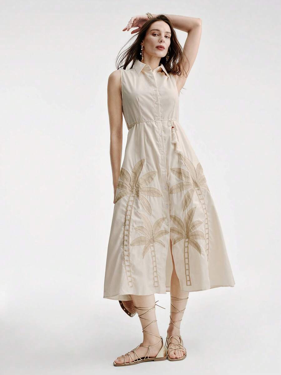 Aveloria Modichic 新款欧美时尚简约休闲度假风木珠腰带，椰树刺绣无袖连衣裙 - 杏色 - 查看 1