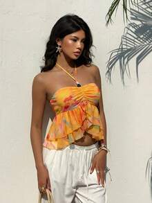 Aloruh Women's Tie-Dye Ruffle Hem Halter Neck Vacation Camisole - Multicolor - View 2