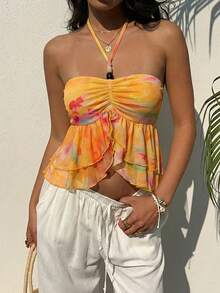 Aloruh Women's Tie-Dye Ruffle Hem Halter Neck Vacation Camisole - Multicolor - View 7