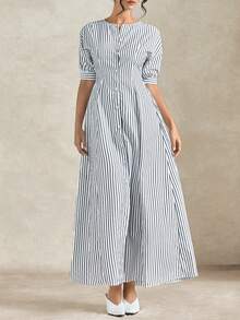 Briarwyn 女士优雅单排扣条纹连衣裙，女士夏季连衣裙，夏季服装，夏季度假服装，女士春季服装，女士度假服装，女士海滩度假服装，外出服装，优雅女士礼服，度假连衣裙，沙滩连衣裙，奢华优雅连衣裙 - 黑與白 - 查看 1