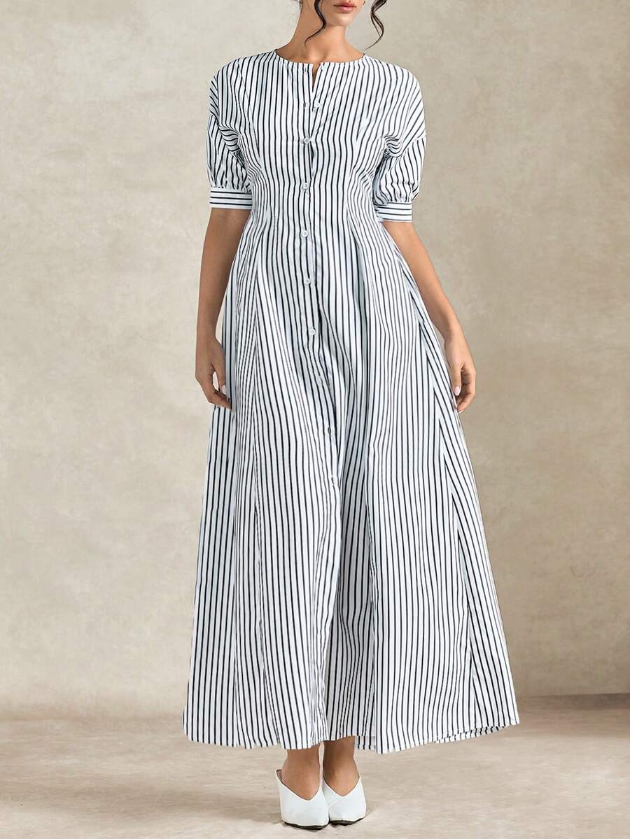 Briarwyn 女士优雅单排扣条纹连衣裙，女士夏季连衣裙，夏季服装，夏季度假服装，女士春季服装，女士度假服装，女士海滩度假服装，外出服装，优雅女士礼服，度假连衣裙，沙滩连衣裙，奢华优雅连衣裙 - 黑與白 - 查看 1