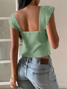 SHEIN EZwear 女士纹理针织荷叶边下摆甜心领短袖优雅T恤，锐舞上衣 - 薄荷綠 - 查看 6