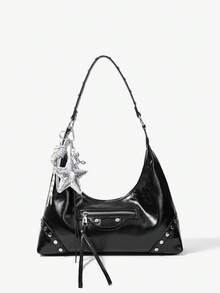 Viva Strut Ladies, Women Shoulder Bag, Hobo Bag, Fashionable, Personalized, Simple, Versatile, Street, Sweet And Cool Girls, Hot Girls,Y2k, Rivet, Motorcycle Style - Black - View 7